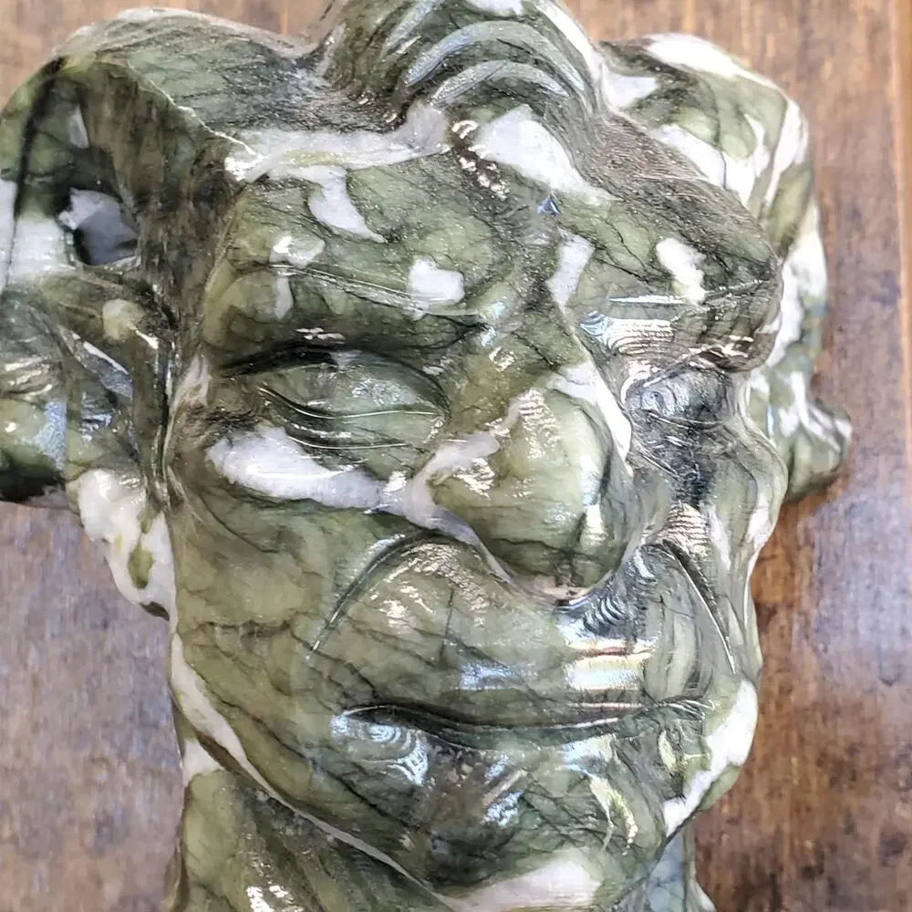 Velnias Horned Bust Serpentine Jade Demon Head Bust Crystal Skull 1740 grams